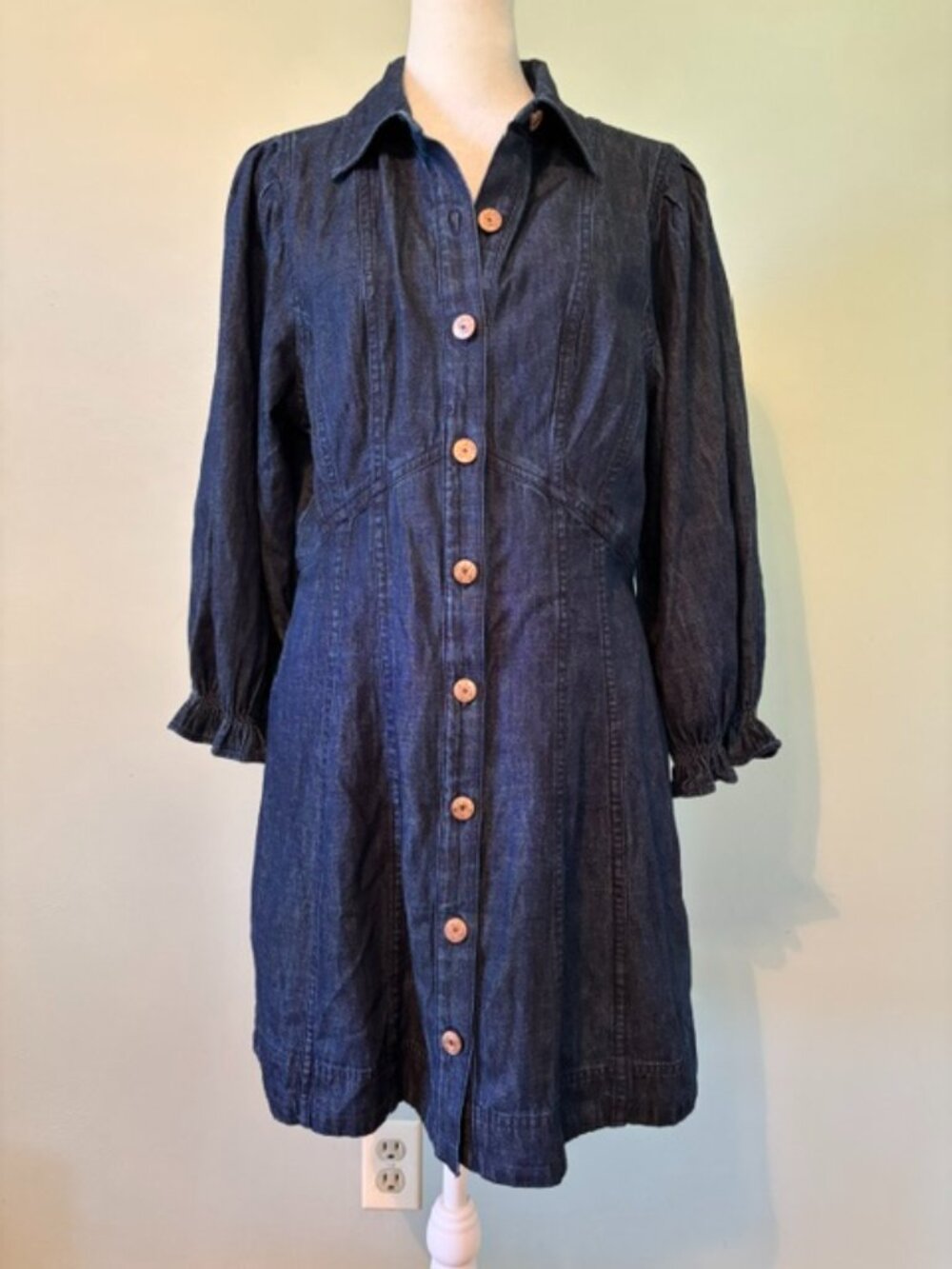 NWT Gap Denim Collared Button Down Mini Dress 3/4 Length Puff Sleeves Medium
